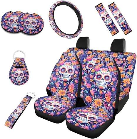 Mexican Sugar Skull Pattern Full Set 10 PCS Front/Back Seat Covers, Watercolor Skull Sunflower Universal Fits for a More Comfortable Driving - sugar skull car pet seat cover