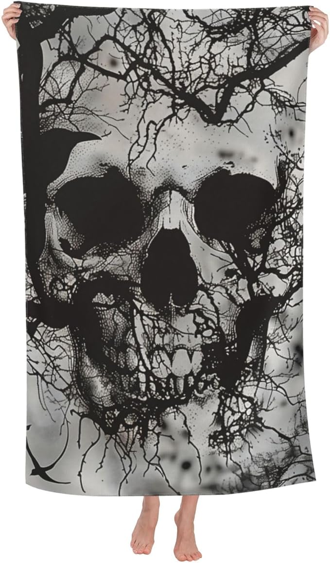 Skull Beach Towel - Cotton Microfiber Sand-Free Absorbent Quick Dry Pool Towel - Black - 32x52 Inches - sugar skull beach towel