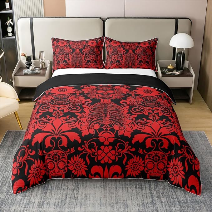 Feelyou Sugar Skull Bedding Set Boys Girls Skeleton Comforter Cover Set Twin Size Halloween Themed 100% Cotton Duvet Cover Striped Boho Bedspread Cover Bones Bedding Collection 2Pcs,No Comforter - sugar skull bedding set