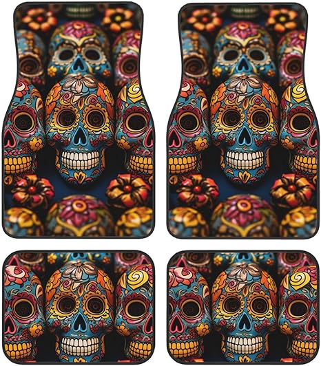 Car Floor Mats 4 Piece Universal Car Floor Mats Colorful Sugar Skulls Car Mat Set Crystal Velvet Floor Mats for Car Non-Slip Car Foot Pad Car Carpet Car Liner Decor Heel Pad for SUV most vehicles - sugar skull car floor mats