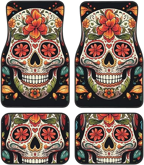 Car Floor Mats 4 Piece Universal Car Floor Mats Colorful Sugar Skull Car Mat Set Crystal Velvet Floor Mats for Car Non-Slip Car Foot Pad Car Carpet Car Liner Decor Heel Pad for SUV most vehicles - sugar skull car floor mats