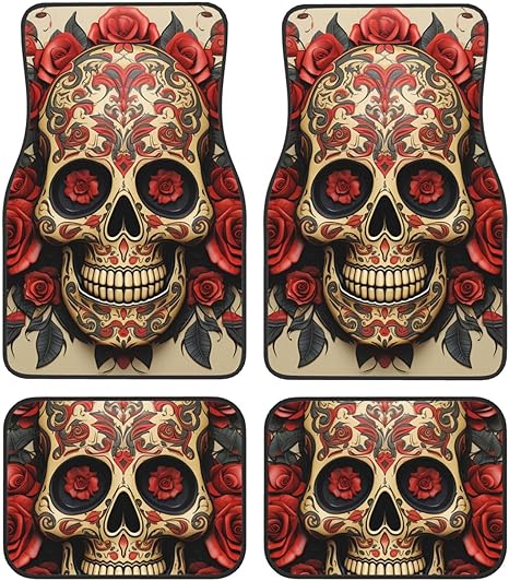 Car Floor Mats 4 Piece Universal Car Floor Mats Red rose sugar skull Car Mat Set Crystal Velvet Floor Mats for Car Non-Slip Car Foot Pad Car Carpet Car Liner Decor Heel Pad for SUV most vehicles - sugar skull car floor mats