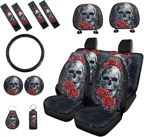 Skull Rose Printed 15 Pcs Car Seat Cover Full Set, Car Interior Covers Set Front Rear Seat Covers with Steering Wheel Cover Seat Belt Covers Car Headrest Cover - sugar skull car seat covers set