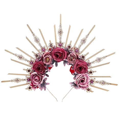 Renfaire Flower Halo Crown - Handmade Fantasy Purple and Pink Rose Headpiece with Crystal Gold Spiked Greek Goddess Headband for Women Fairy Elf Cosplay Renaissance Halloween Wedding - sugar skull flower crown