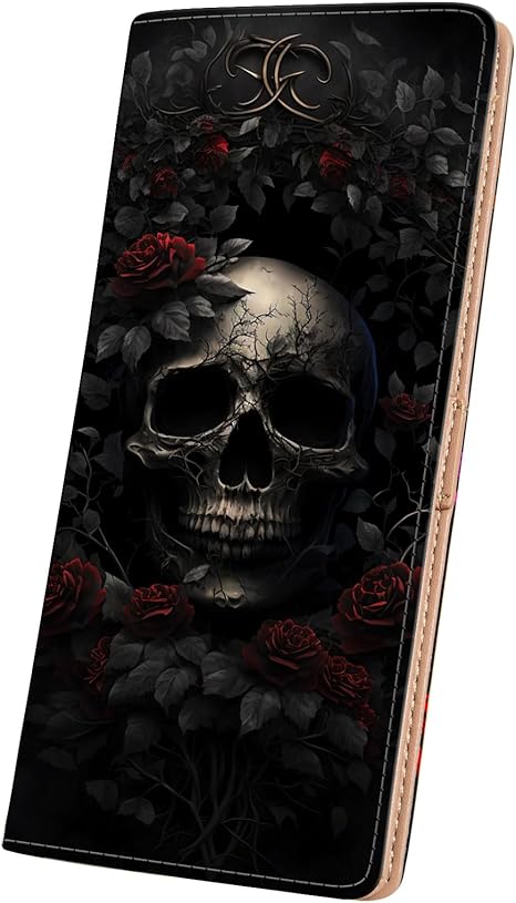 Wallets for Women RFID Wallet Cute Girls Ultra Slim Compact Clutch Long Credit Card Holder Floral Travel Wallet personalized Coin Pocket (Rose Skull) - sugar skull wallets for women