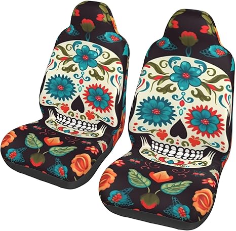 2 Pack Front Car Seat Covers - Sugar Skulls And Flowers Print Luxury Seat Cover For Cars Universal Auto Front Seats Protector Washable Breathable Seat Covers For Cars For Most Cars,Vans,Trucks,Suv - sugar skull car seat covers set