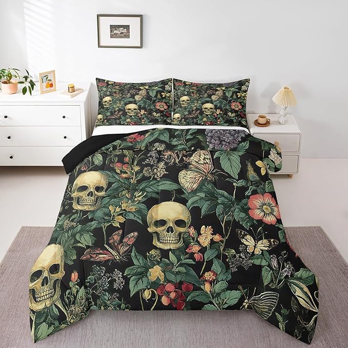 Feelyou Sugar Skull Bedding Set Death Moth Comforter Set for Kids Boys Girls Teens Room Decor Tree Leaves Floral Camouflage Camo Gothic Skull Comforter Twin Size Botanic Duvet Set 2Pcs - sugar skull bedding set