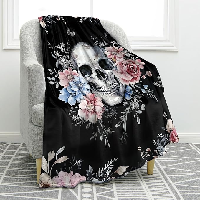 Jekeno Skull Blanket Gifts for Women Men, Rose Skull Throw Blankets for Adult Kids, Halloween Christmas Birthday Valentine's Day Gothic Decor Gifts for Home Bed Couch 50"X60" - sugar skull throw blanket