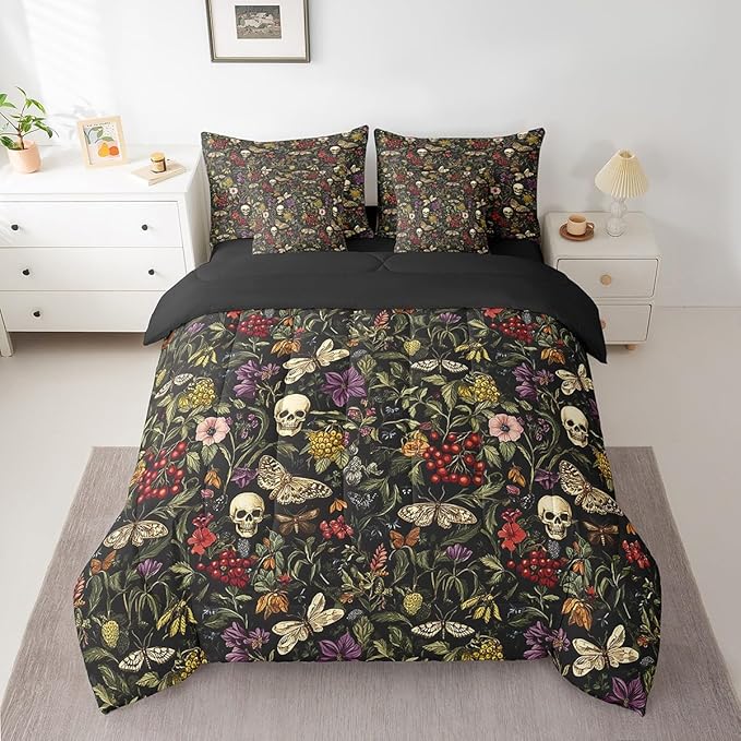 Feelyou Sugar Skull Bedding Set Tree Leaves Comforter Set 7 Pieces Death Moth Camouflage Camo Gothic Skull Floral Bed in a Bag Twin Size Botanic Bed Set with Comforter, Sheet Set, Pillowcases - sugar skull bedding set