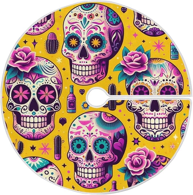 Mexican Sugar Skulls Christmas Tree Skirt 47.2 inches, Xmas Tree Skirt mat for Holiday Party Decoration, New Year Christmas Tree Decorations - sugar skull christmas decorations