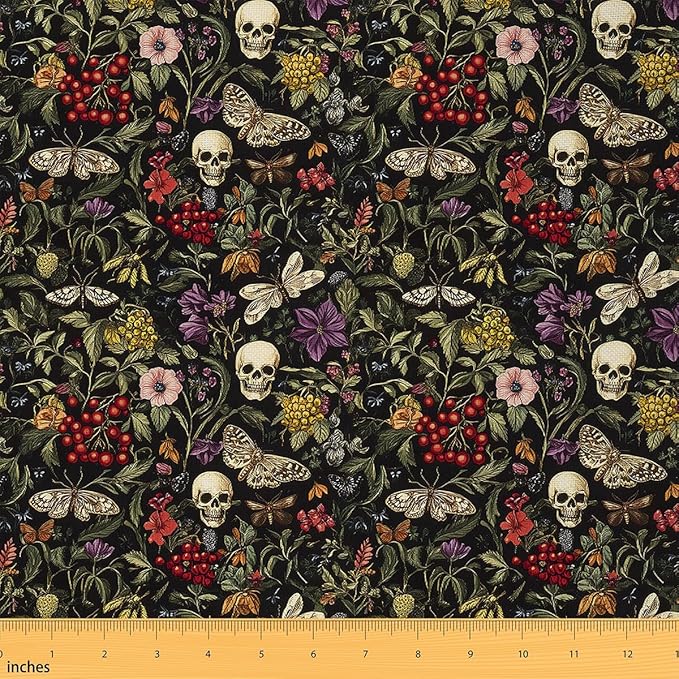 Feelyou Sugar Skull Upholstery Fabric for Chairs Tree Leaves by The Yard Death Moth Camouflage Camo Gothic Skull Floral Decorative Waterproof 1 Yard Botanic Outdoor Fabric - sugar skull apron for women