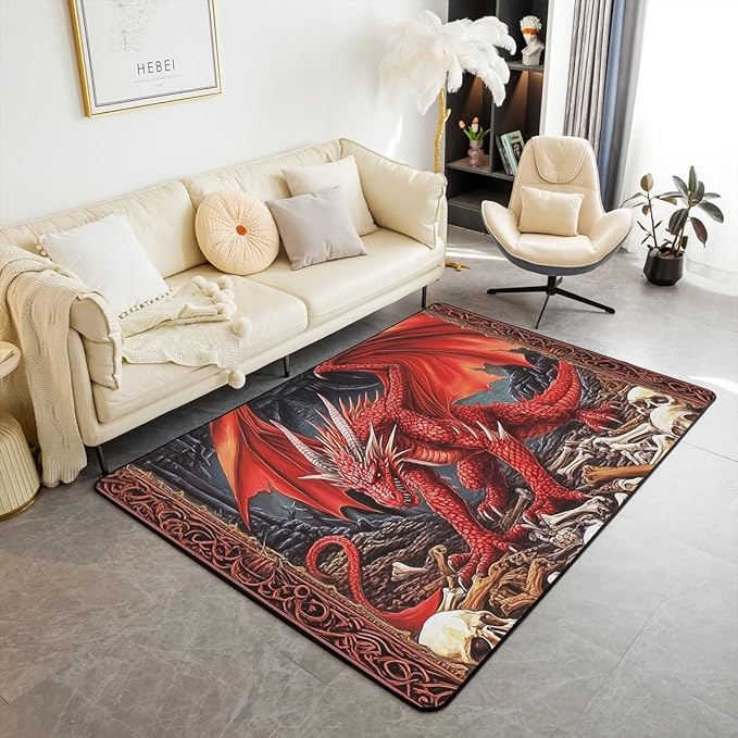 Feelyou Kids Dragon Area Rug 3x5 3D Dragon Rugs for Living Room Bedroom for Boys Teens Decor Sugar Skull Ancient Wildlife Gothic Dragon Deep Animal Decorative Carpet Red Indoor Floor Mat - sugar skull area rug