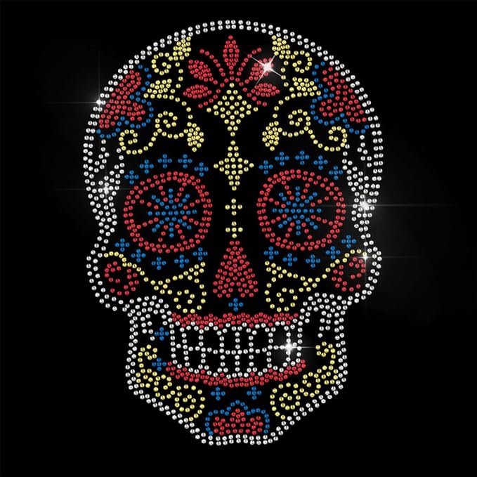 1 Pc Sugar Skull Pattern Rhinestone Iron on Hotfix Transfer Decal, Bling DIY Patch Clothing Repair Applique T-Shirt Vest Shoes Hat Jacket Decor Clothing DIY Accessories - sugar skull wine glass