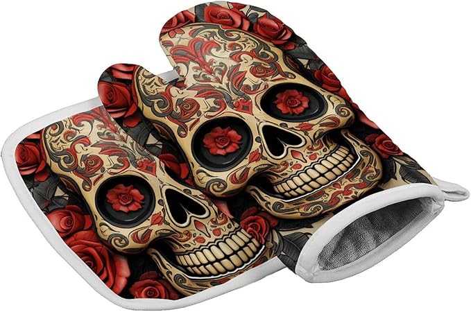 Red Rose Sugar Skull Oven Mitts and Pot Holder Set 2-Pack Heat Resistant Oven Mitts Gloves Fashion Design Oven Gloves Set Safe Cooking Baking Grilling Barbecue Washable - sugar skull oven mitts