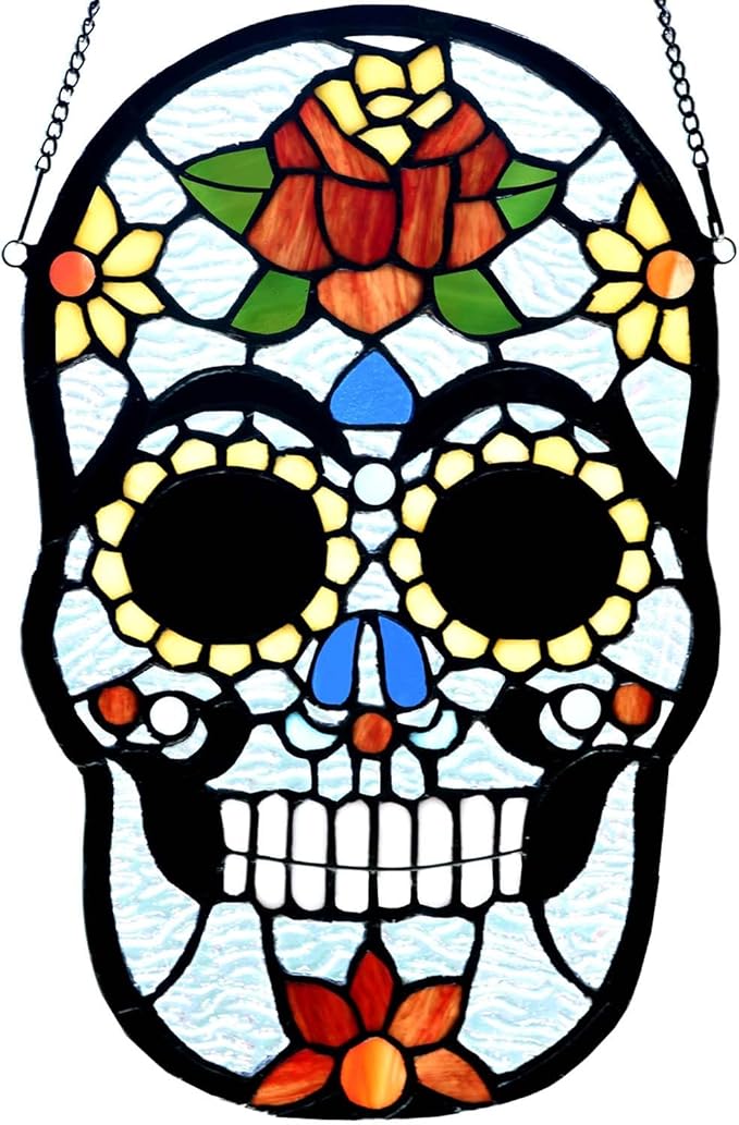 Bieye W10105 Sugar Skull Tiffany Style Stained Glass Window Panel for Home Decor, 8" W x 13" H - sugar skull christmas ornament