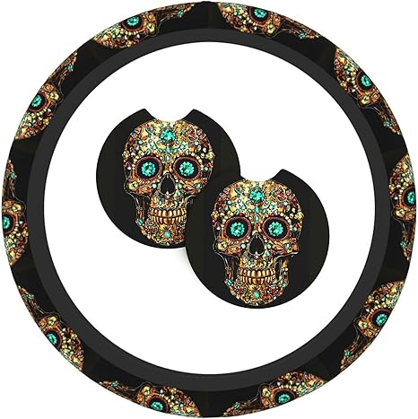 Rhinestone Studs Sugar-Skull-2 Steering Wheel Cover with 2 Car Coasters Non Slip Neoprene for Women Men Universal 15 Inch Stylish and Practical Set - sugar skull coasters set