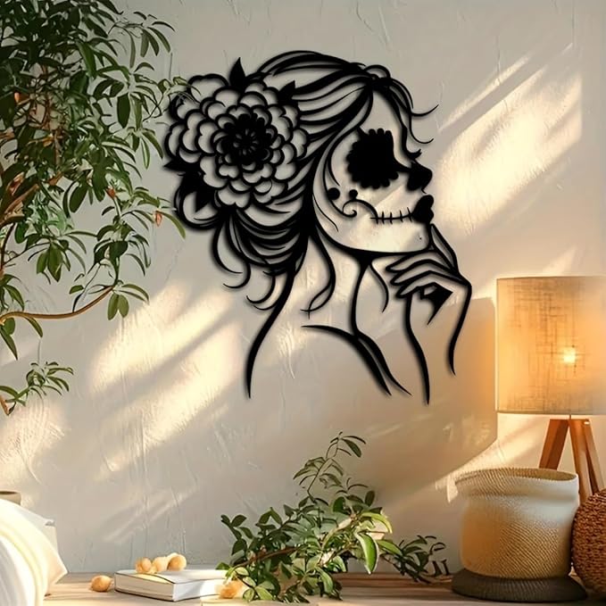 WPCJREU Boho Chic Art Deco Metal Wall Art, Day Of The Dead Sugar Skull Woman, 13.7"x15.75", Indoor & Outdoor Bohemian Home Decor, Housewarming Gift, Black Art Wall Decor, Wall Art Decor - sugar skull canvas wall art
