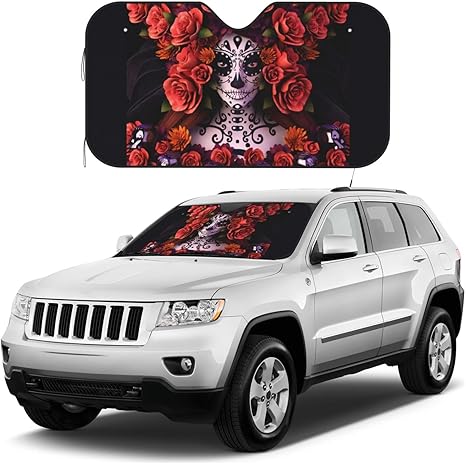 Day of The Dead Sugar Roses Skull Print Windshield Sun Shade, Cute Car Sun Shade, Vehicle Sun Visor Protector Blocks for Car Interior, 51" x 27.5" - sugar skull car sunshade for windshield