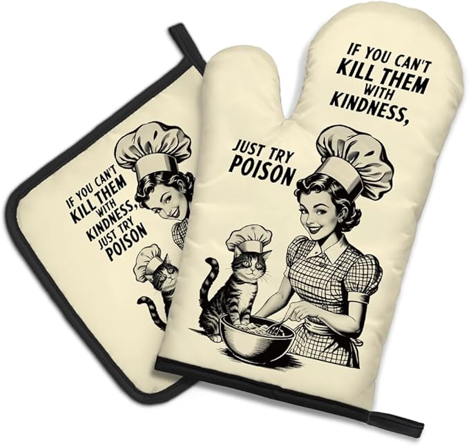 DYJYBMY If You Can't Kill Them with Kindness Just Try Poison Humorous Vintage Lady Oven Mitts and Pot Holder Set, Funny Kitchen Gadgets for Women Cat Lover, Housewarming Gifts for Hostess Bake Lover - sugar skull oven mitts