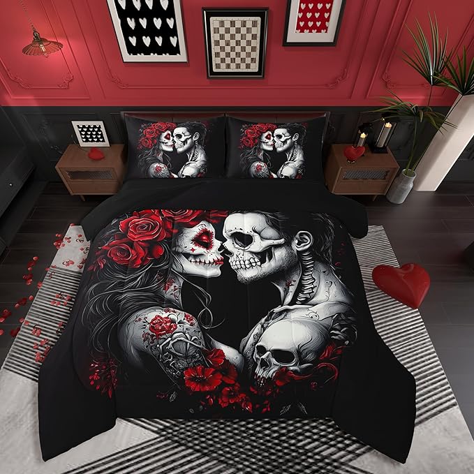 Erosebridal 7Pcs Sugar Skull Queen Comforter Set,Gothic Skeleton Floral Bedding Sets,Romantic Death Love Bed in A Bag,Spooky Rose Valentine's Day Quilt with Flat Fitted Sheet for Couple Women Men - sugar skull bedding set