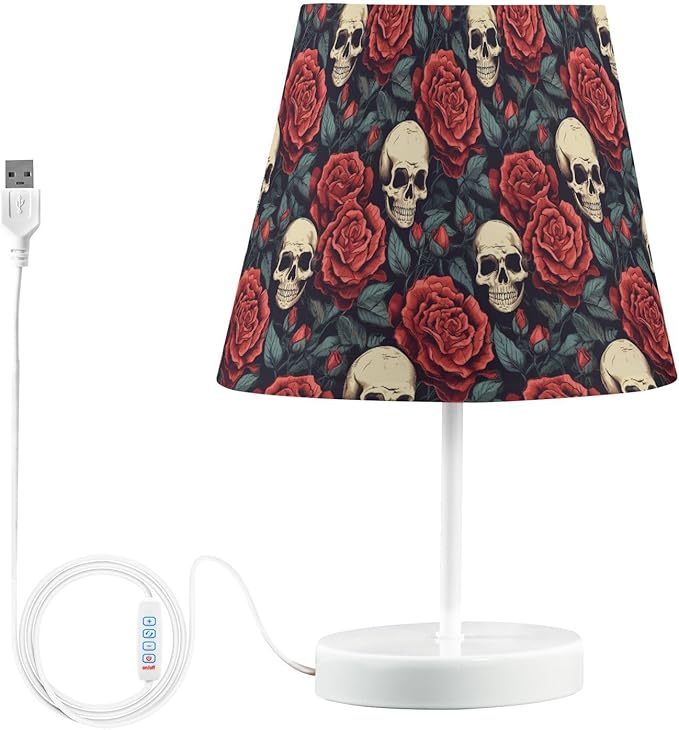 ALAZA Vintage Rose Day Of The Dead Sugar Skull Decor Bedside Table Lamp with USB Port 3 Color Temperatures LED Desk Lamp for Bedroom Office M - sugar skull table lamp