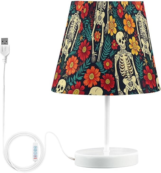 ALAZA Human Skeleton Sugar Skull Blossom Decor Bedside Table Lamp with USB Port 3 Color Temperatures LED Desk Lamp for Bedroom Office M - sugar skull table lamp