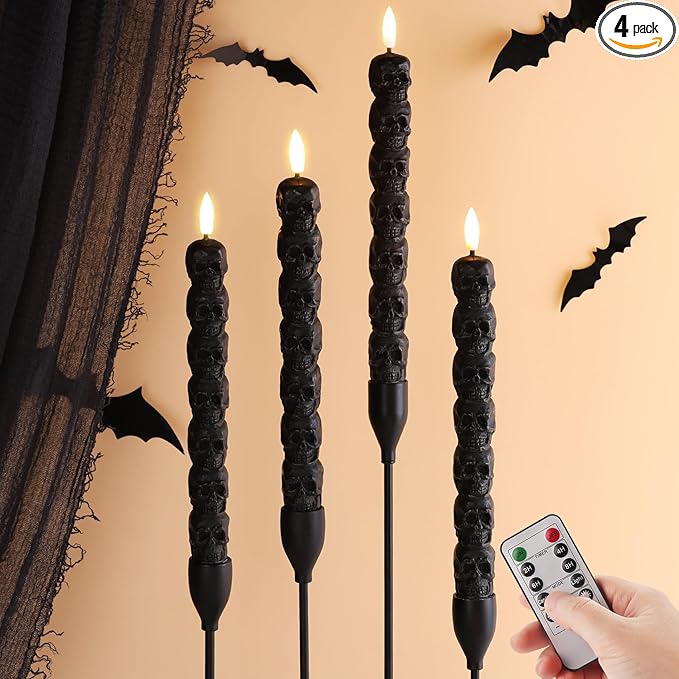 Eywamage Halloween Flameless Taper Candles with Remote, Spooky Black Skull LED Candlesticks Battery Operated Flickering Real Wax Set of 4 - sugar skull candle holder