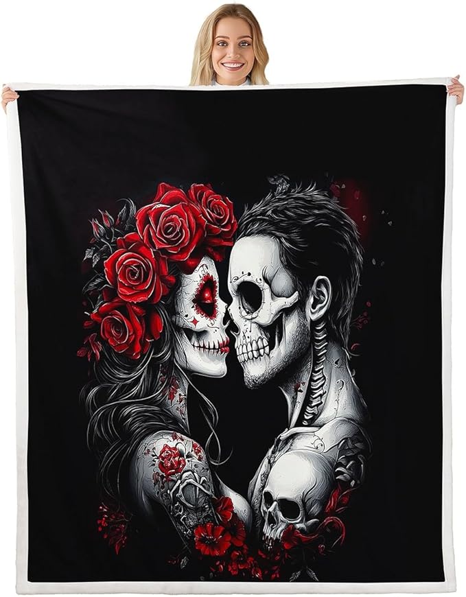 Erosebridal Sugar Skull Blanket,Gothic Skeleton Floral Throw Blanket Baby,Romantic Death Love Fleece Blanket,Spooky Rose Valentine's Day Sherpa Blanket for Couple Women Men - sugar skull throw blanket
