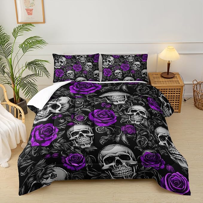 Sugar Skull Queen Size Comforter Set Floral Bedding Set,Gothic Skull Bedding Set for Boys Girls,Skeleton Bone Rose Blossoms Print Halloween Quilt Set,Horror Comforter Set for Bedroom Decor - sugar skull bedding set