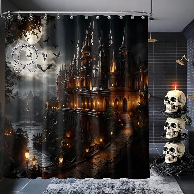 Gothic Shower Curtain Goth Castle Spooky Halloween Shower Curtains for Mens Bathroom Decor Sets, Waterproof Cloth Fabric with Hooks, 70x72 Inch - sugar skull shower curtain set