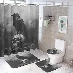4Pcs Gothic Raven Skull Shower Curtain Set with Toilet Lid Cover Non-Slip Rugs for Bathroom, Retro Horror Crow Misty Forest Shower Curtain Bathroom Sets with Hooks, 72x72 Inch - sugar skull shower curtain set