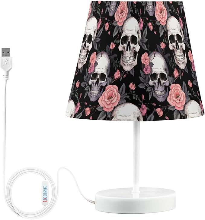 ALAZA Sugar Skull Rose Flower Leaves Decor Bedside Table Lamp with USB Port 3 Color Temperatures LED Desk Lamp for Bedroom Office M - sugar skull table lamp