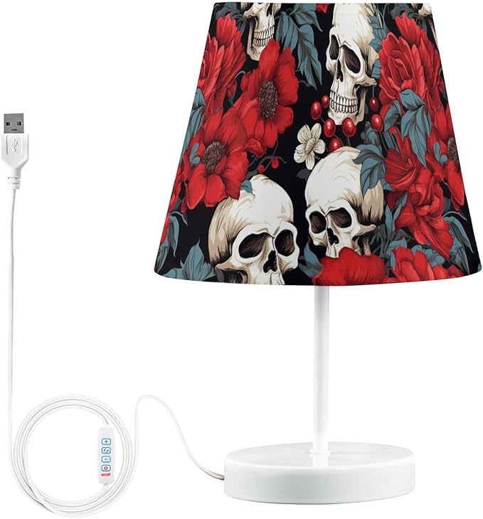ALAZA Sugar Skull with Red Rose Flower Floral Decor Bedside Table Lamp with USB Port 3 Color Temperatures LED Desk Lamp for Bedroom Office M - sugar skull table lamp
