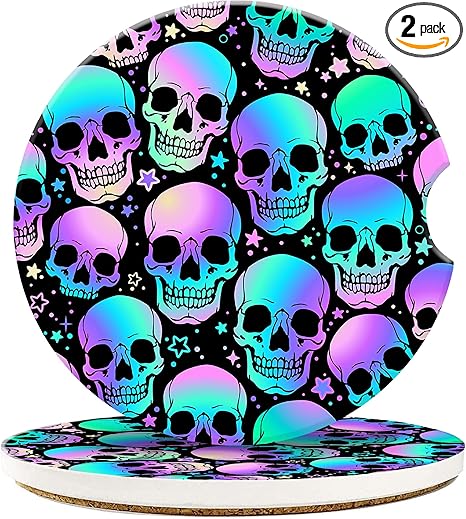 Absorbent 2 Pack Car Coasters for Women,Car Coasters for Cup Holders,2.56" Ceramic Stone Cup Holder Coaster with Finger Notch & Cork Base, Neon Bright Sugar Skulls - sugar skull coasters set