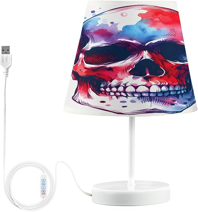 ALAZA Sugar Skull Watercolor White Decor Bedside Table Lamp with USB Port 3 Color Temperatures LED Desk Lamp for Bedroom Office M - sugar skull table lamp
