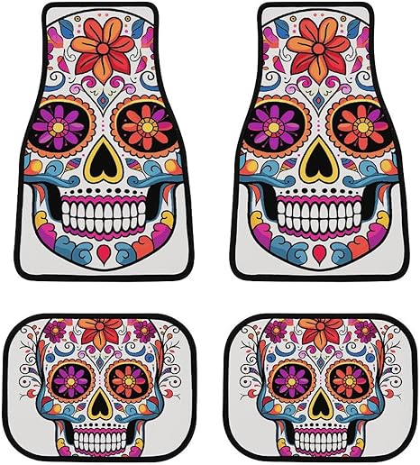 Non-Slip Car Mat Sugar Skull Printed Car Floor Mat Set of 4 All Weather Car Carpet Automotive Foot Mats Car Accessories for Sedans Vans SUV Truck RV Vehicle - sugar skull car floor mats