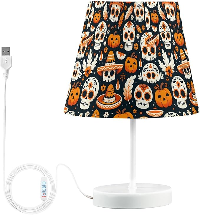 ALAZA Sugar Skull Pumpkin Halloween Decor Bedside Table Lamp with USB Port 3 Color Temperatures LED Desk Lamp for Bedroom Office M - sugar skull table lamp