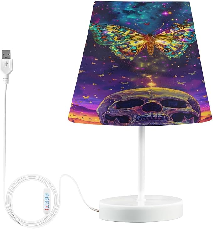 ALAZA Sugar Skull Butterfly Mountain Decor Bedside Table Lamp with USB Port 3 Color Temperatures LED Desk Lamp for Bedroom Office M - sugar skull table lamp