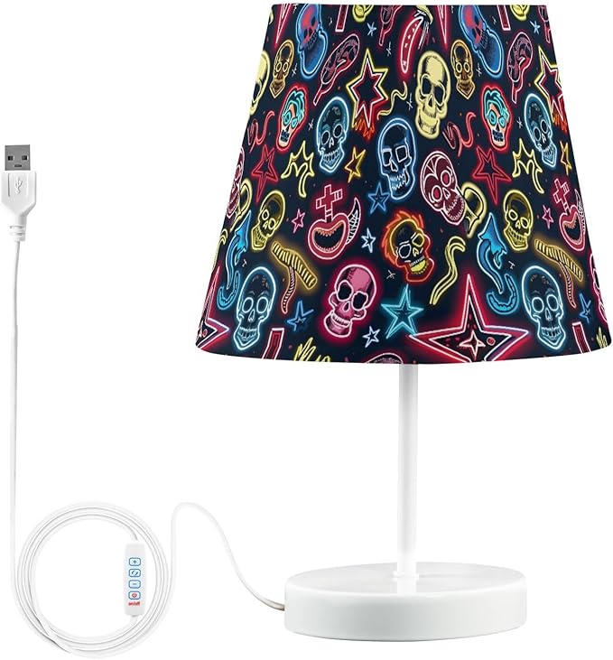 ALAZA American Neon Sugar Skull Star Decor Bedside Table Lamp with USB Port 3 Color Temperatures LED Desk Lamp for Bedroom Office M - sugar skull table lamp