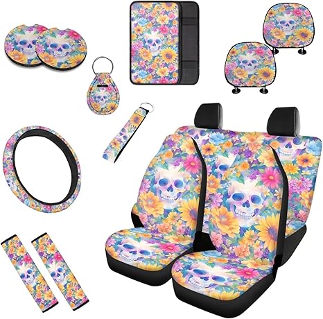 Sugar Skull Flower 13 Print Auto Seat Protector Full Set, Sunflower Skeleton Steering Wheel Cover, Mexico Day of Dead Flowers Car Seat Protectors Cup Holder Pad - sugar skull car seat covers set
