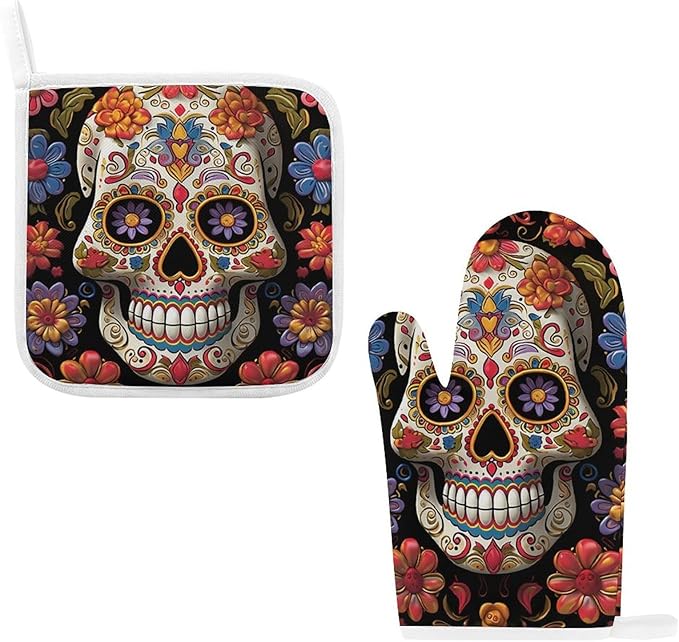 Sugar Skulls Oven Mitts and Pot Holders Sets of 2 Heat Resistant Kitchen Oven Mitts Gloves Hot Pads Gift for Cooking Kitchen Baking Cooking Grilling Microwave - sugar skull oven mitts