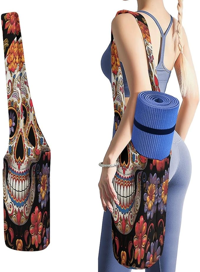 Sugar Skulls Yoga Mat Bag Canvas Long Tote Yoga Mat with Water Bottle Pockets Large Travel Gym Bag Multi-Functional Fitness Storage Bag Carrier Holder Bag - sugar skull yoga mat