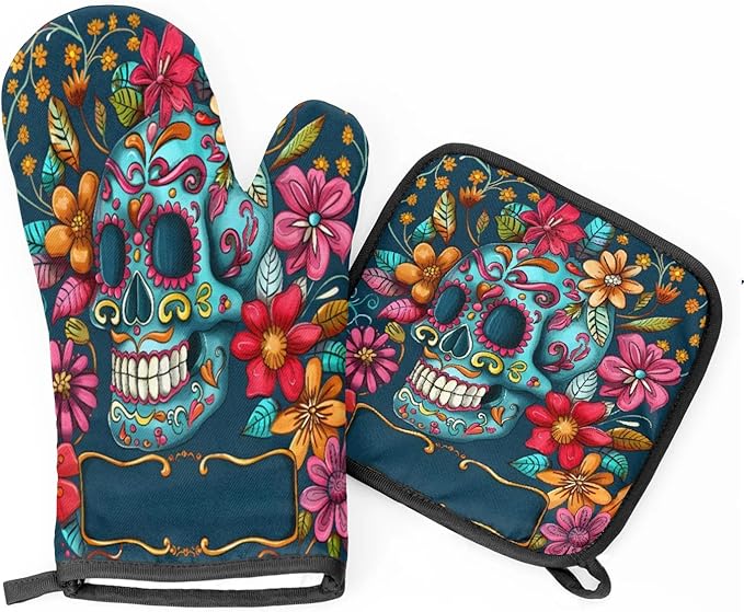 Floral Sugar Skulls Oven Mitts Kitchen Oven Gloves for Cooking Baking Heat Proof Lining Cotton Kitchen Potholder Mittens Pot Holders Hot Pads for Chef Women Men - sugar skull oven mitts