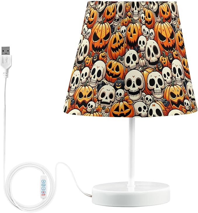 ALAZA Pumpkin Cartoon Halloween Sugar Skull Decor Bedside Table Lamp with USB Port 3 Color Temperatures LED Desk Lamp for Bedroom Office M - sugar skull table lamp