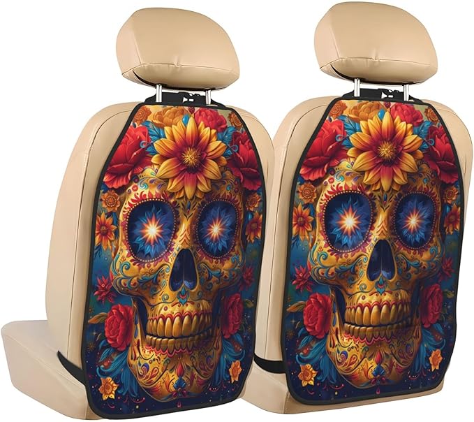 Mexican Sugar Skull Car Seat Back Kick Protectors,2 Pack Retro Psychedelic Kick Mats With Storage Pockets For Vehicles To Protect From Dirt Mud Scratches - sugar skull car floor mats