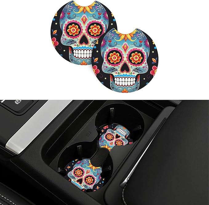 Car Coasters 2 PCS Sugar Skulls Car Cup Holder Coaster Non-Slip Drink Coasters Absorbent Car Cup Mats with A Finger Notch Auto Insert Coasters Car Interior Accessories for Most Vehicle - sugar skull car floor mats