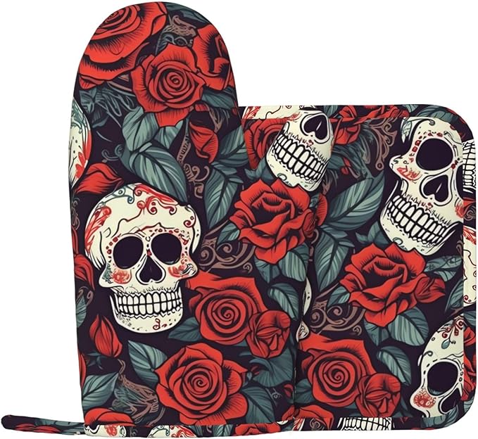 Sugar Skulls and red Roses Oven Mitts and Pot Holders Sets of 2 Heat Resistant Silicone Oven Gloves Hot Pad Non-Slip Long Oven Mitts Potholders Extra Thicken Kitchen Mittens for Cooking - sugar skull oven mitts