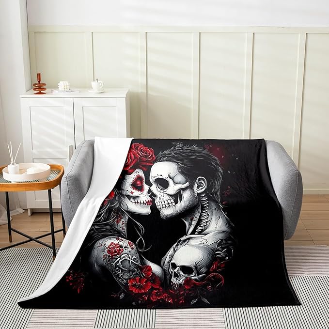 Erosebridal Sugar Skull Blanket Throw 50x60,Gothic Skeleton Floral Throw Blanket,Romantic Death Love Fleece Blanket,Spooky Rose Valentine's Day Fuzzy Blanket for Couple Women Men - sugar skull throw blanket
