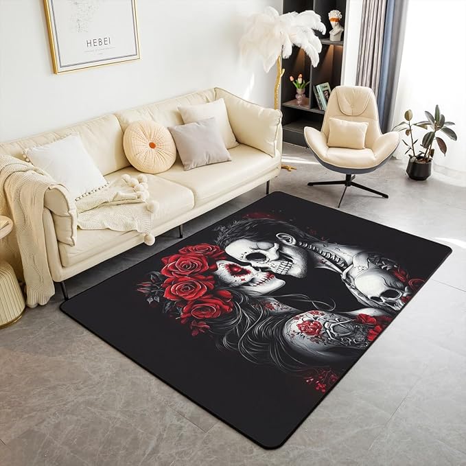 Erosebridal Sugar Skull Area Rug 5x7,Gothic Skeleton Floral Carpet,Romantic Death Love Indoor Floor Mat,Spooky Rose Valentine's Day Decorative Rug for Couple Women Men - sugar skull area rug