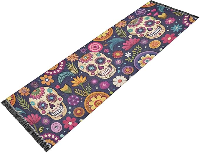 Washable Runner Rug Day Dead Sugar Skulls 2’ x 6’ Non-Slip Floor Carpet Runner Rug for Hallways Kitchen Laundry Room Bedroom Floor Carpet Runner- Soft Thin Mat for Family Pet - sugar skull area rug